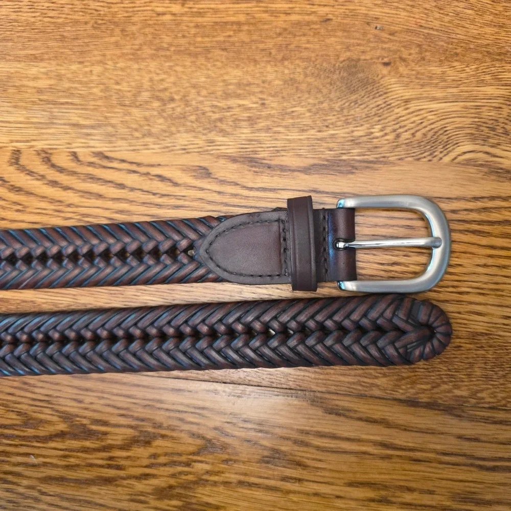 Mens Size 44 Adjustable Brown Genuine Leather Braided Woven Belt Silver Buckle